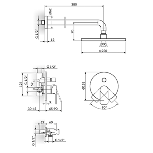 ROSAN S2 BLACK UZIDNA BATERIJA ZA TUŠ KADU sa zidnim tušem 210x210mm i ručnim tušem CRNA MAT  231601B 2