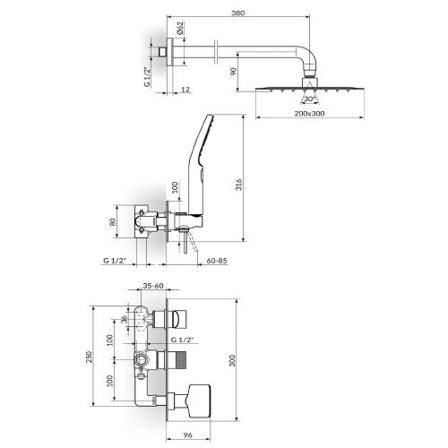 ROSAN S2  UZIDNA BATERIJA ZA TUŠ KADU sa zidnim tušem 200x300mm i ručnim tušem 231605 2