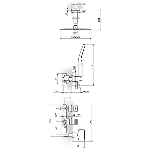 ROSAN S2  UZIDNA BATERIJA ZA TUŠ KADU sa plafonskim tušem 200x300mm i ručnim tušem 231607 2