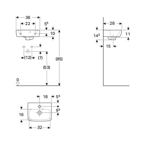 GEBERIT SELNOVA SQUARE LAVABO 360x280 ASIMETRIČNI PRELIV  500.316.01.1 2