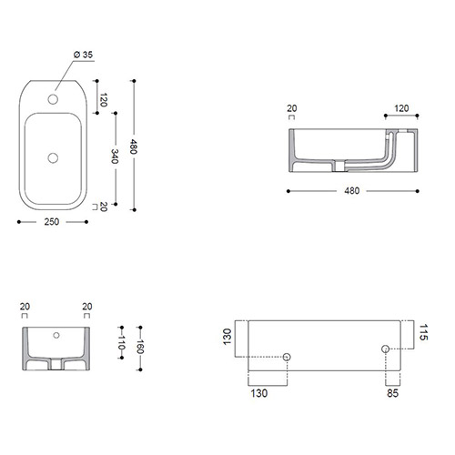 AXA COSA MINI LAVABO KONZOLNI LEVI 480x250 BELI  8610301L 2