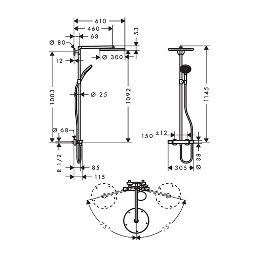 HANSGROHE RAINDANCE S 300 USPONSKI TUŠ 1JET TERMOSTATSKI  27114000 2