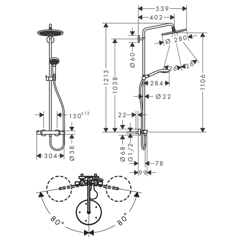 HANSGROHE CROMA SELECT S 280 USPONSKI TUŠ 1JET TERMOSTATSKI BRONZA ČETKANA  26890140 2