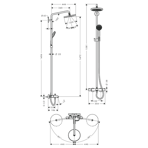 HANSGROHE CROMA 220 TERMOSTATSKI USPONSKI TUŠ 1JET  27223000 2