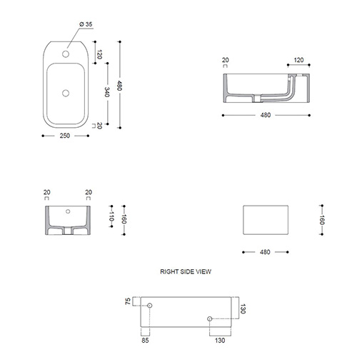 AXA COSA MINI LAVABO KONZOLNI DESNI 480x250 CRNI  8610307R 2