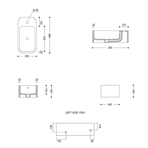 AXA COSA MINI LAVABO KONZOLNI LEVI 480x250 CRNI  8610307L 2