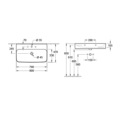 VILLEROY & BOCH FINION LAVABO 800 x 470 mm  416880R1 2