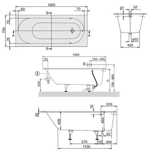 VILLEROY & BOCH KADA OBERON 1600 x 750 mm  UBQ160OBE2V-01 2