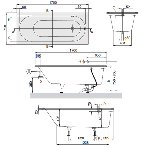 VILLEROY & BOCH KADA OBERON 1700 x 750 mm  UBQ170OBE2V-01 2