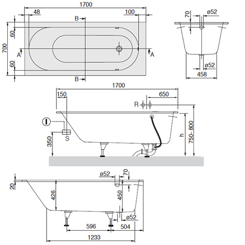 VILLEROY & BOCH KADA OBERON 1700 x 700 mm  UBQ177OBE2V-01 2