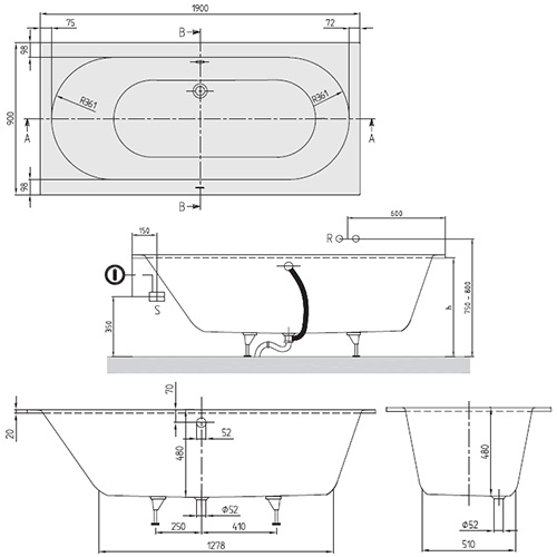 VILLEROY & BOCH KADA OBERON 1900 x 900 mm  UBQ199OBE2V-01 2