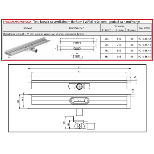 ACO SHOWER DRAIN  C KANAL SA VERTIKALNOM FLANŠNOM I WAVE REŠETKOM 885 mm X 74 mm 9010.88.45 4