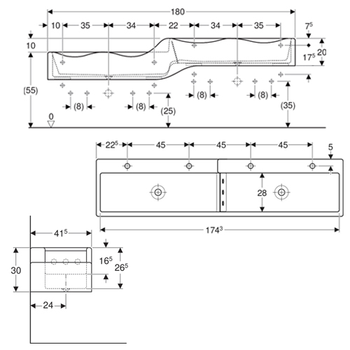 GEBERIT BAMBINI  LAVABO ZA DECU ZA ČETIRI BATERIJE 1800X415 LEVI  430000016 4