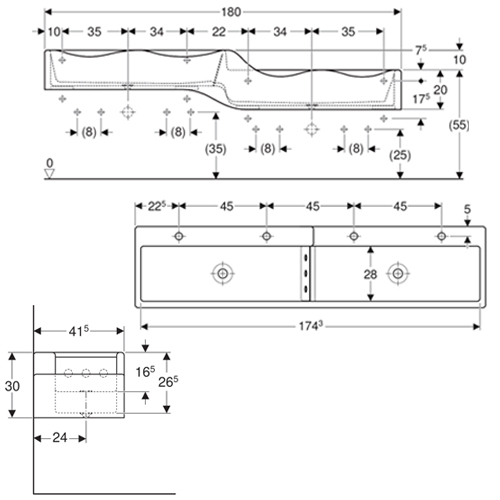 GEBERIT BAMBINI  LAVABO ZA DECU ZA ČETIRI BATERIJE 1800X415 DESNI  430050016 4